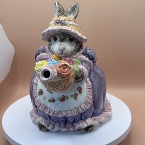 Ceramic Teapot Bunny Mother In Purple Dress With Pink Bow Easter